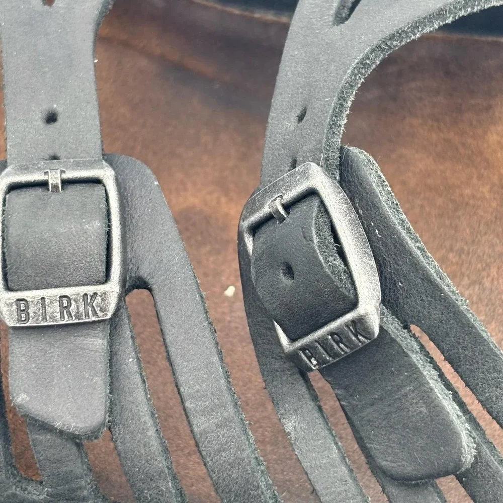 Birkenstock Womens Granada Sandals 42 Gray Black Leather Buckle Slide Cutout